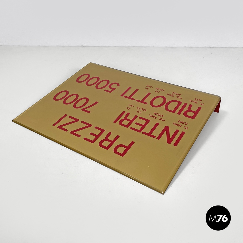 Italian mid-century modern cinema prices sign in golden and red plastic, 1960s