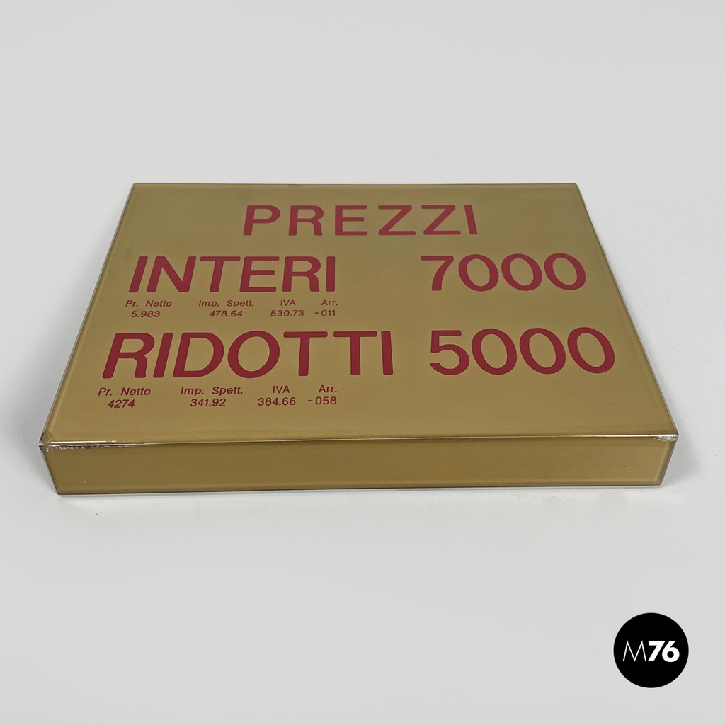 Italian mid-century modern cinema prices sign in golden and red plastic, 1960s