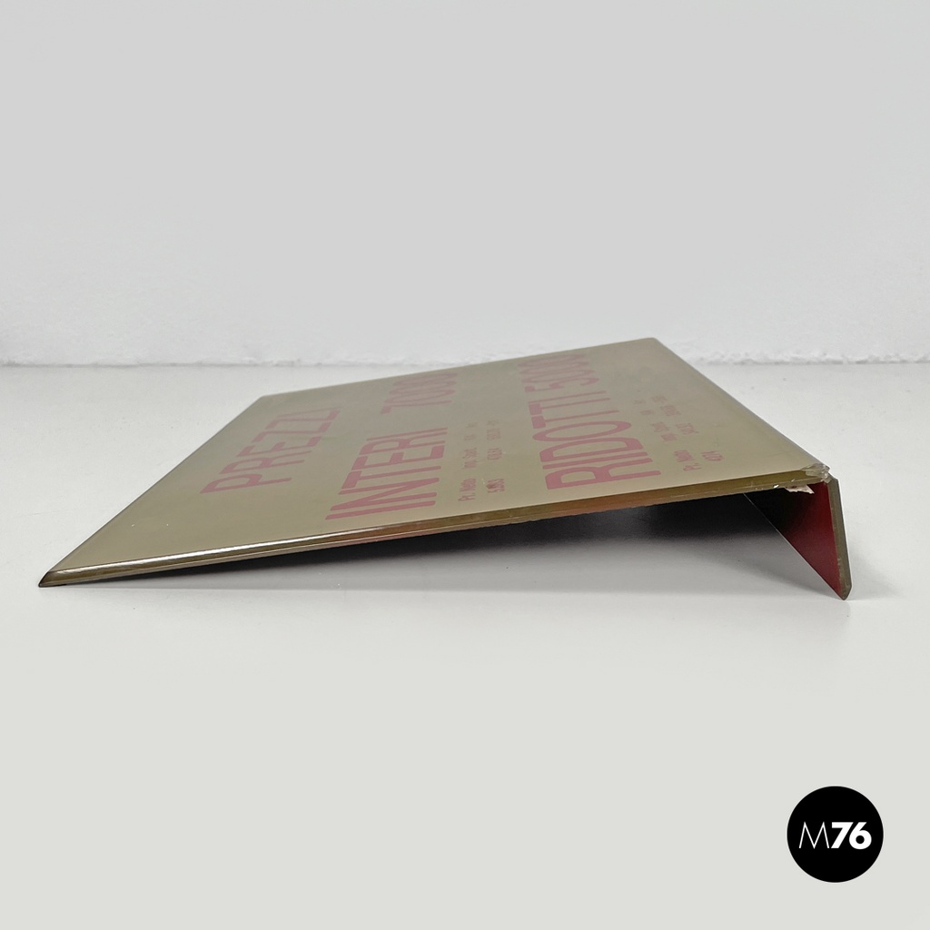 Italian mid-century modern cinema prices sign in golden and red plastic, 1960s