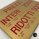 Italian mid-century modern cinema prices sign in golden and red plastic, 1960s