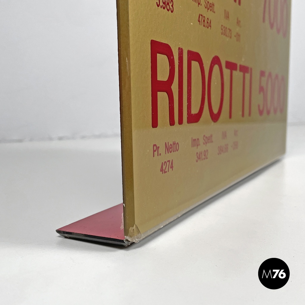 Italian mid-century modern cinema prices sign in golden and red plastic, 1960s