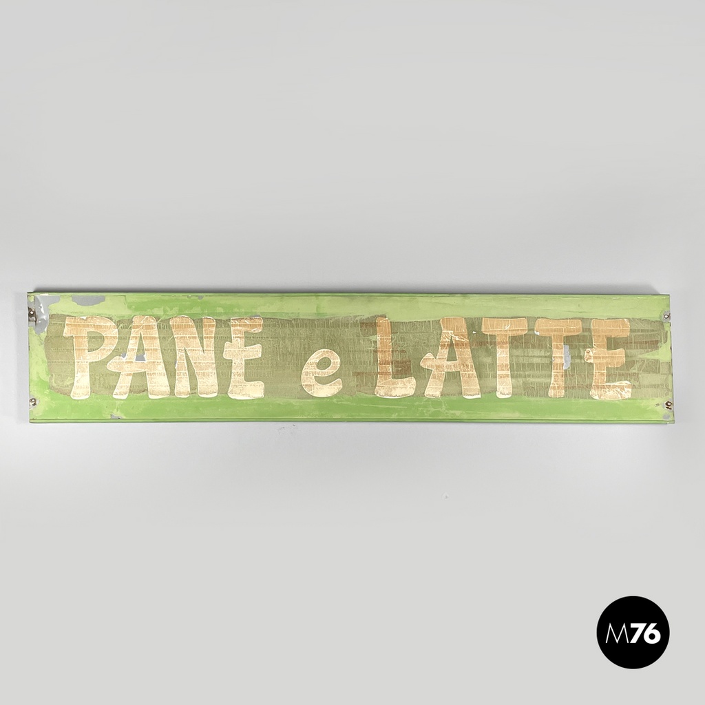 Italian mid-century modern pastel green metal sign with white lettering, 1960s