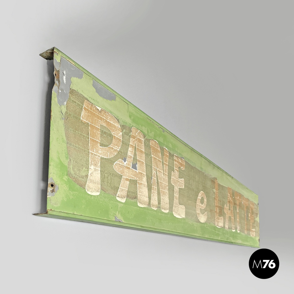 Italian mid-century modern pastel green metal sign with white lettering, 1960s