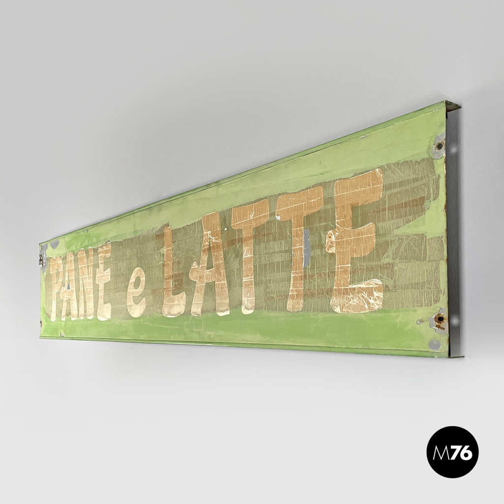Italian mid-century modern pastel green metal sign with white lettering, 1960s