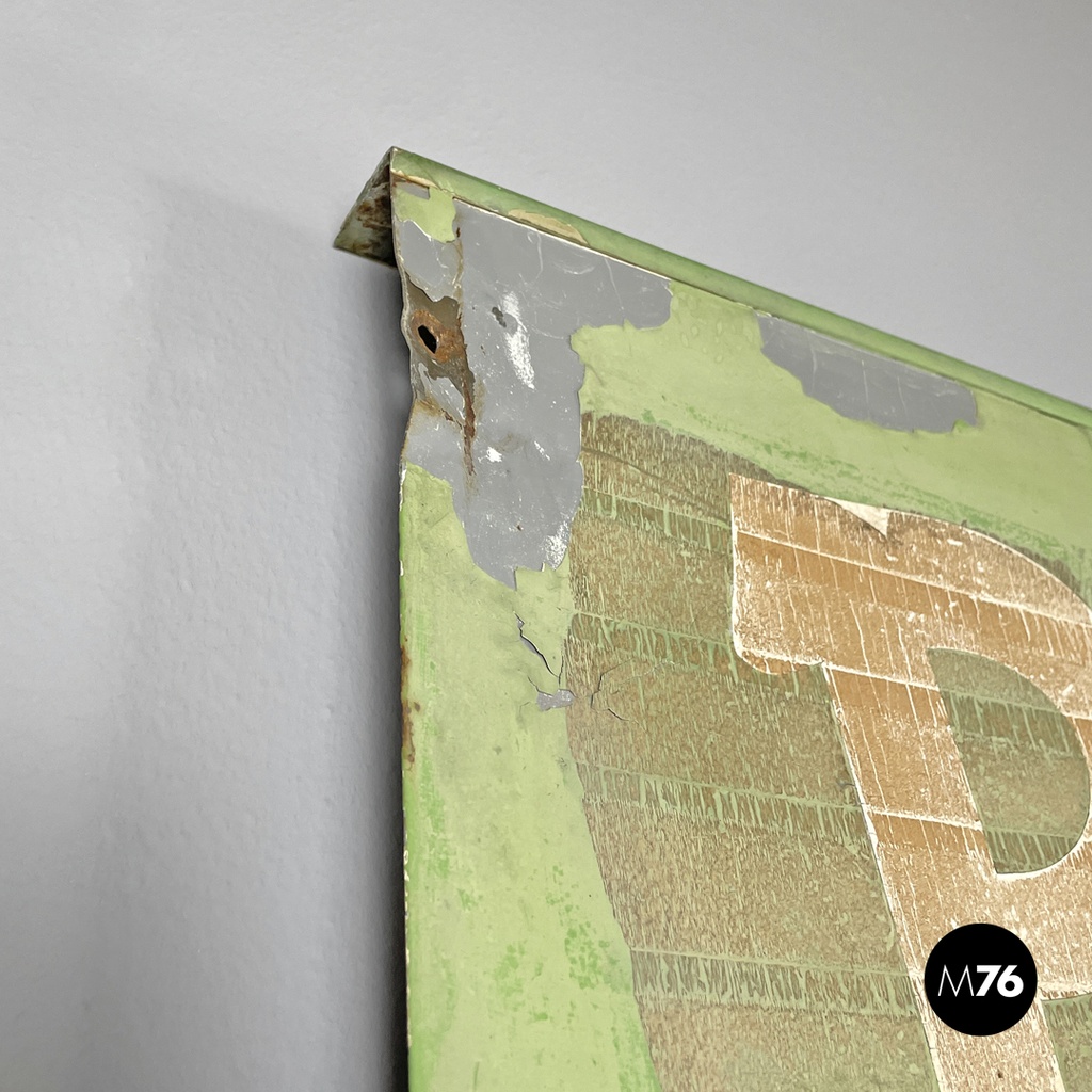 Italian mid-century modern pastel green metal sign with white lettering, 1960s