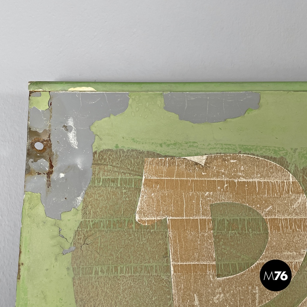 Italian mid-century modern pastel green metal sign with white lettering, 1960s