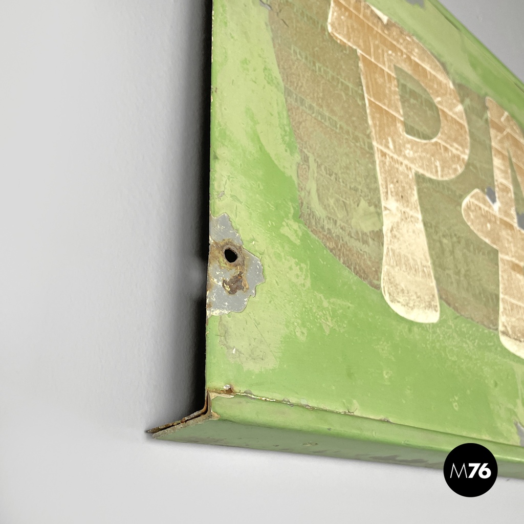 Italian mid-century modern pastel green metal sign with white lettering, 1960s