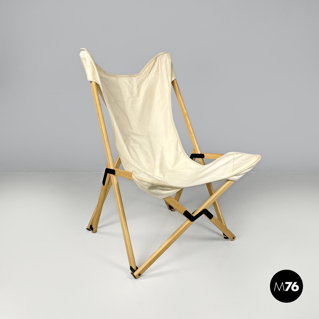 Italian modern white fabric wood folding deckchair Tripolina by Citterio, 1970s