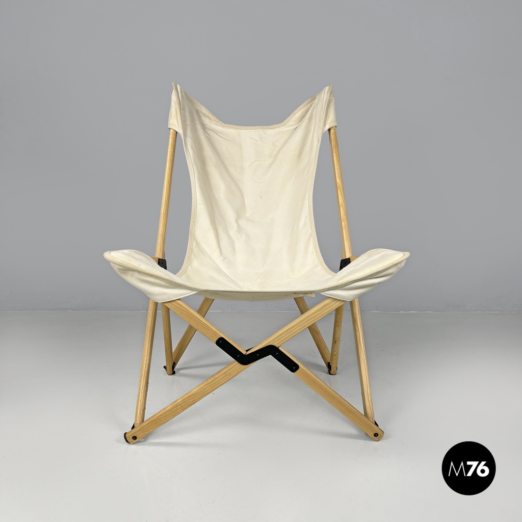 Italian modern white fabric wood folding deckchair Tripolina by Citterio, 1970s