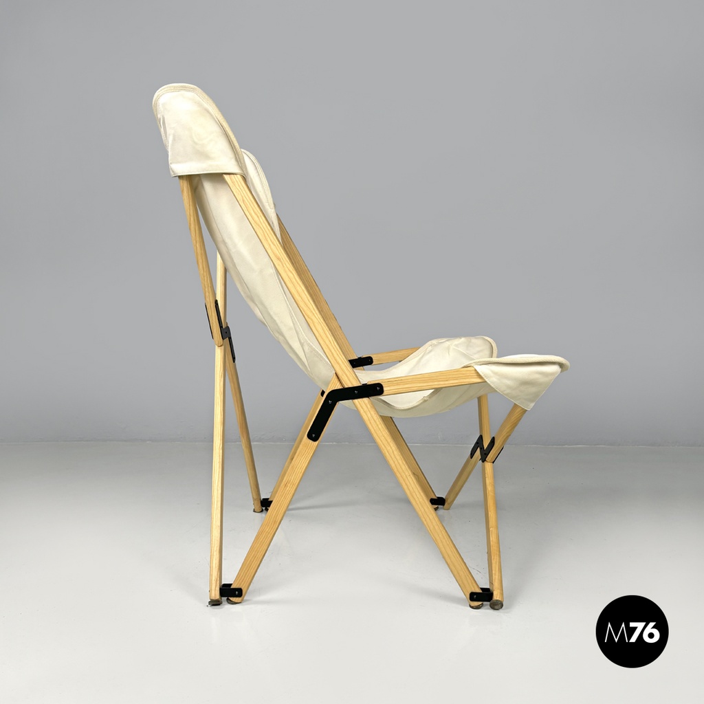 Italian modern white fabric wood folding deckchair Tripolina by Citterio, 1970s