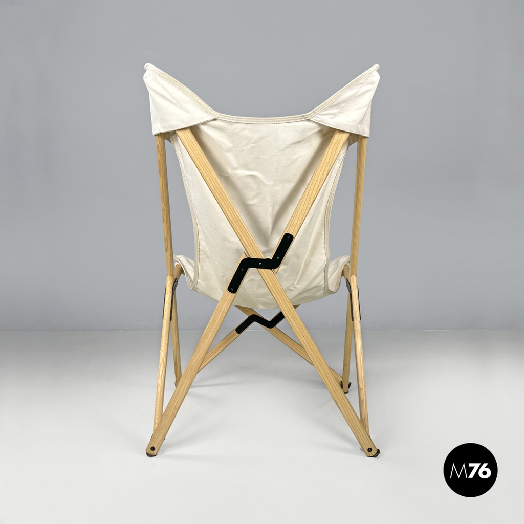 Italian modern white fabric wood folding deckchair Tripolina by Citterio, 1970s
