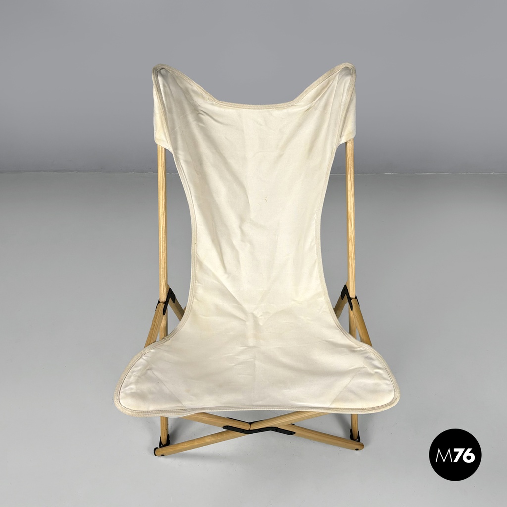 Italian modern white fabric wood folding deckchair Tripolina by Citterio, 1970s