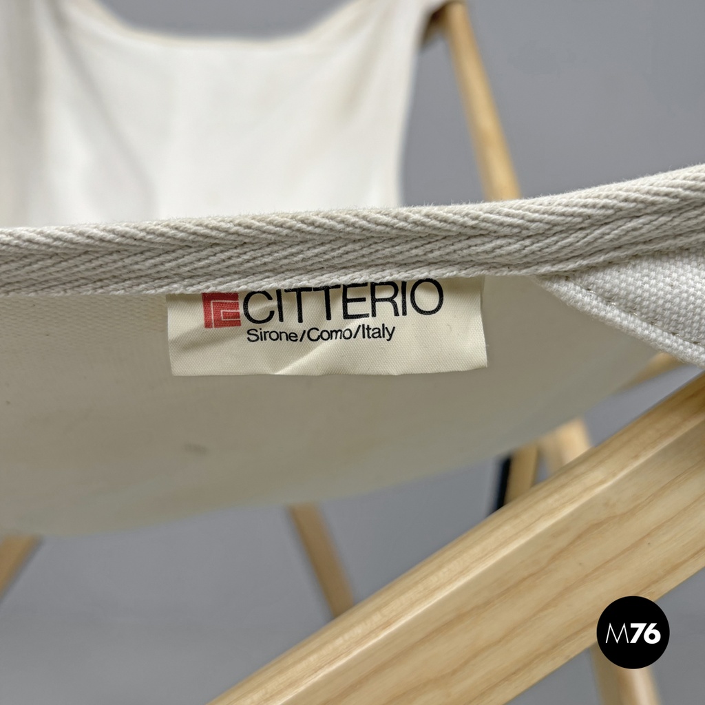 Italian modern white fabric wood folding deckchair Tripolina by Citterio, 1970s