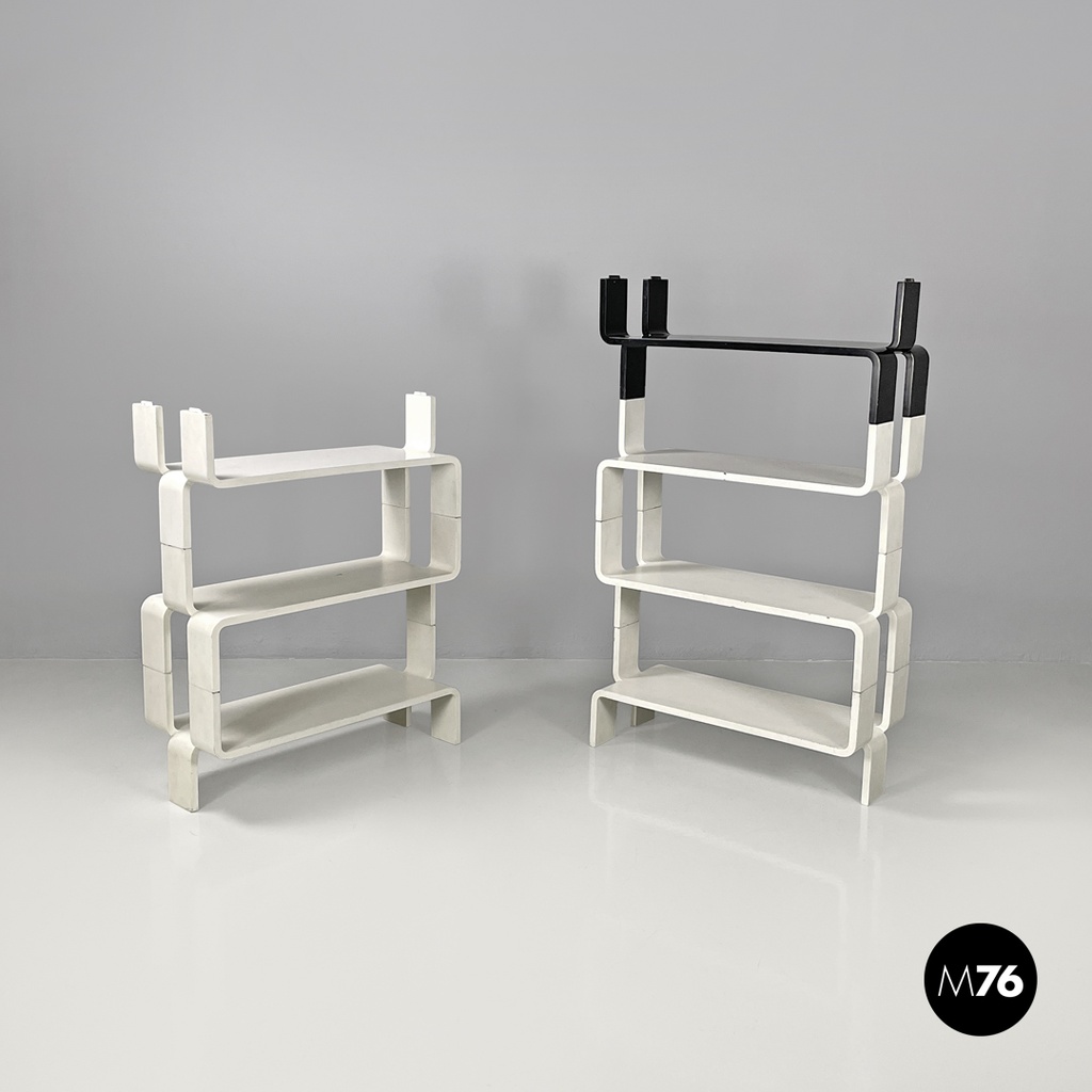 Italian post modern modular curved edges black and white wooden bookcase, 1980s