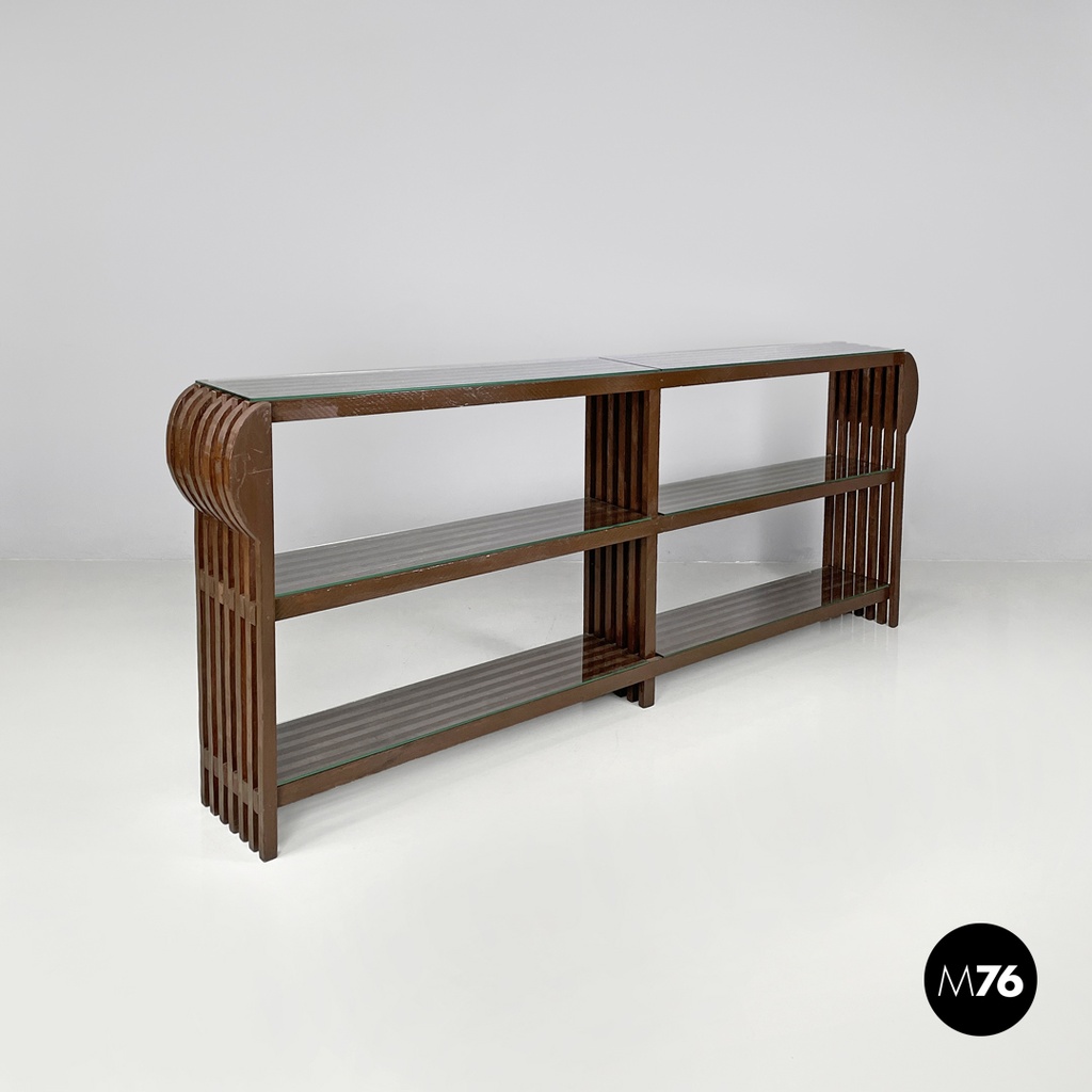 Italian modern bookcase with brown wood slats structure and glass shelves, 1970s