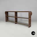 Italian modern bookcase with brown wood slats structure and glass shelves, 1970s