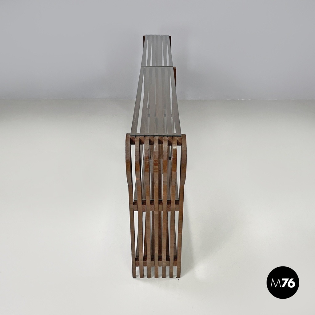 Italian modern bookcase with brown wood slats structure and glass shelves, 1970s