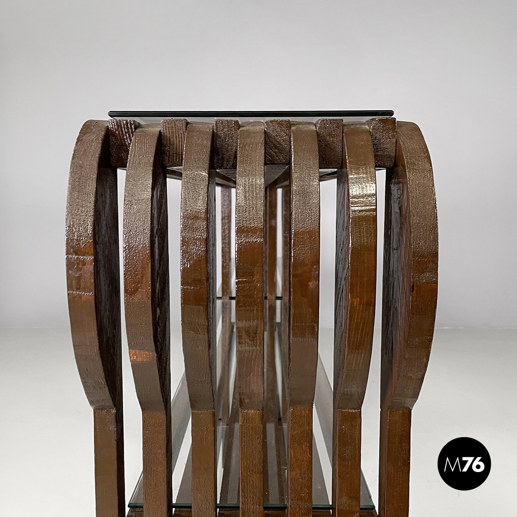 Italian modern bookcase with brown wood slats structure and glass shelves, 1970s