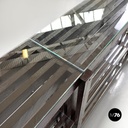 Italian modern bookcase with brown wood slats structure and glass shelves, 1970s