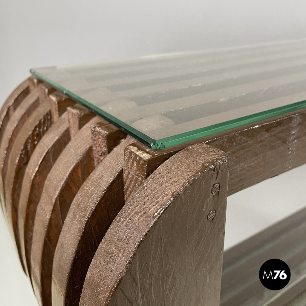 Italian modern bookcase with brown wood slats structure and glass shelves, 1970s