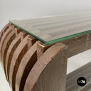 Italian modern bookcase with brown wood slats structure and glass shelves, 1970s