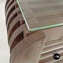 Italian modern bookcase with brown wood slats structure and glass shelves, 1970s