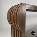 Italian modern bookcase with brown wood slats structure and glass shelves, 1970s