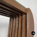 Italian modern bookcase with brown wood slats structure and glass shelves, 1970s
