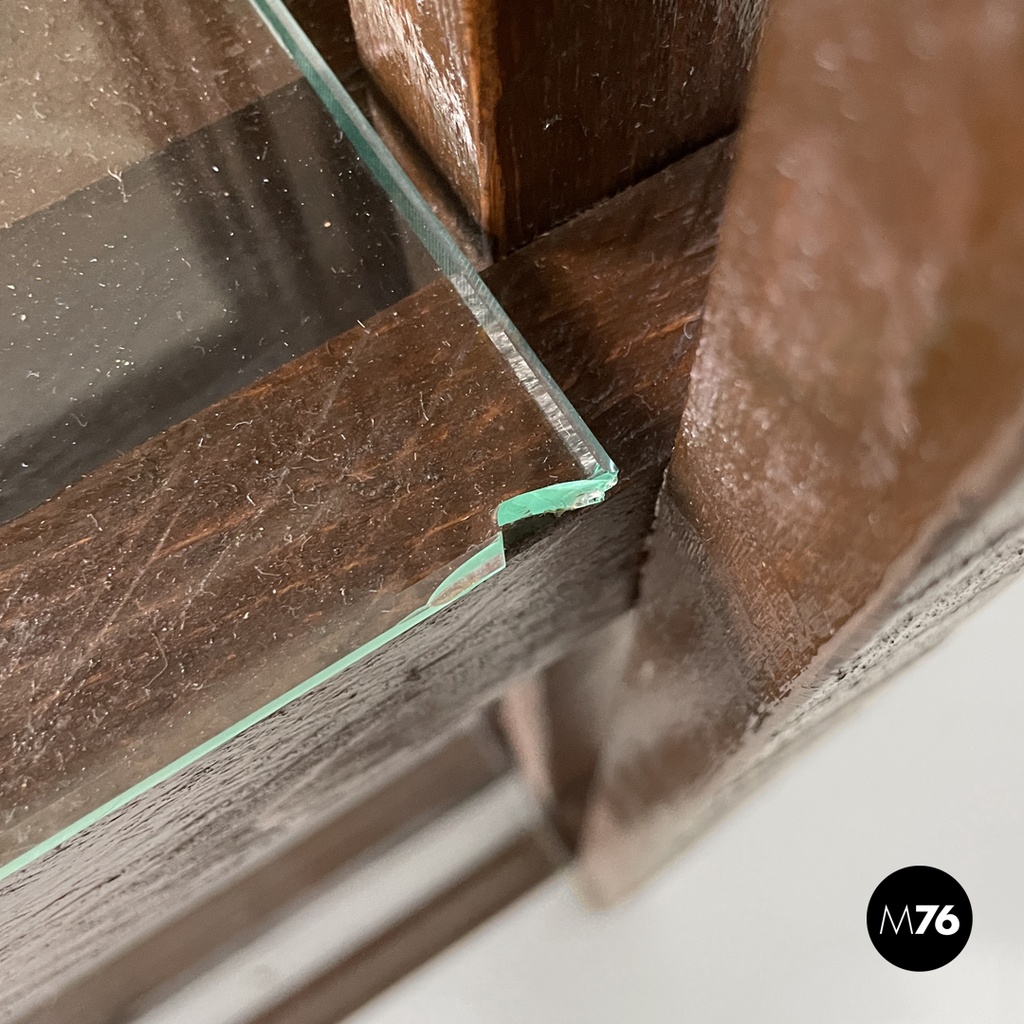 Italian modern bookcase with brown wood slats structure and glass shelves, 1970s