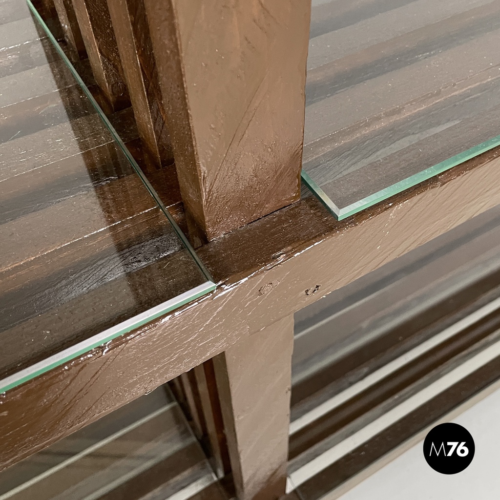 Italian modern bookcase with brown wood slats structure and glass shelves, 1970s