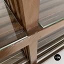 Italian modern bookcase with brown wood slats structure and glass shelves, 1970s