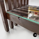 Italian modern bookcase with brown wood slats structure and glass shelves, 1970s