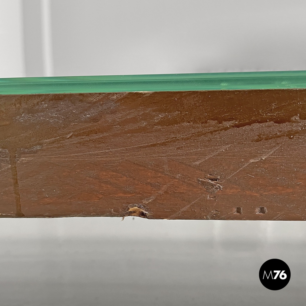 Italian modern bookcase with brown wood slats structure and glass shelves, 1970s