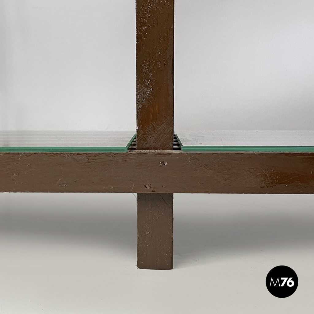 Italian modern bookcase with brown wood slats structure and glass shelves, 1970s