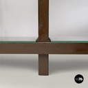 Italian modern bookcase with brown wood slats structure and glass shelves, 1970s