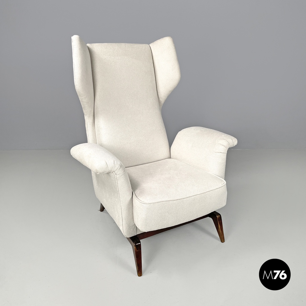 Italian mid-century modern white fabric and wood armchair with headrests, 1950s