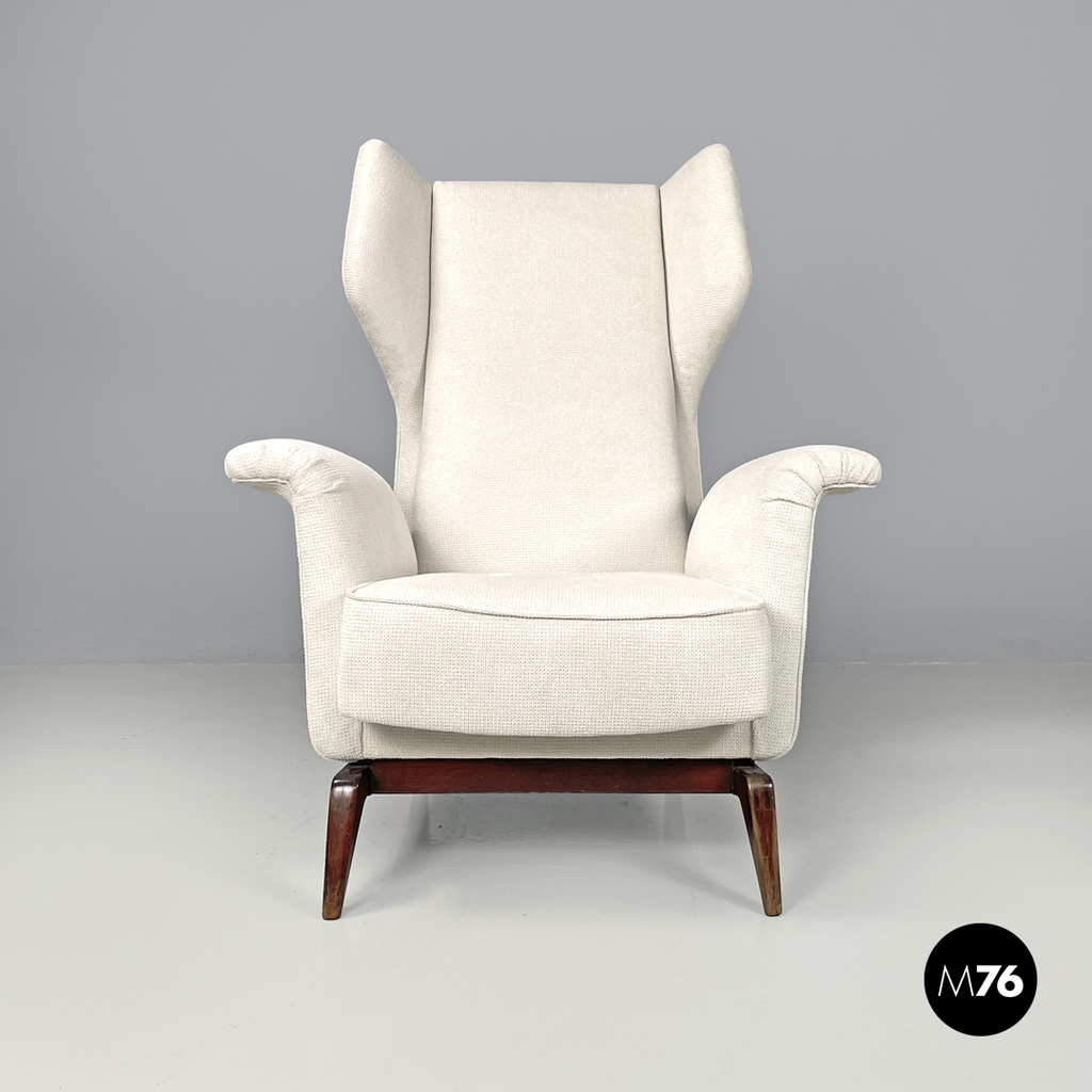 Italian mid-century modern white fabric and wood armchair with headrests, 1950s