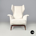 Italian mid-century modern white fabric and wood armchair with headrests, 1950s