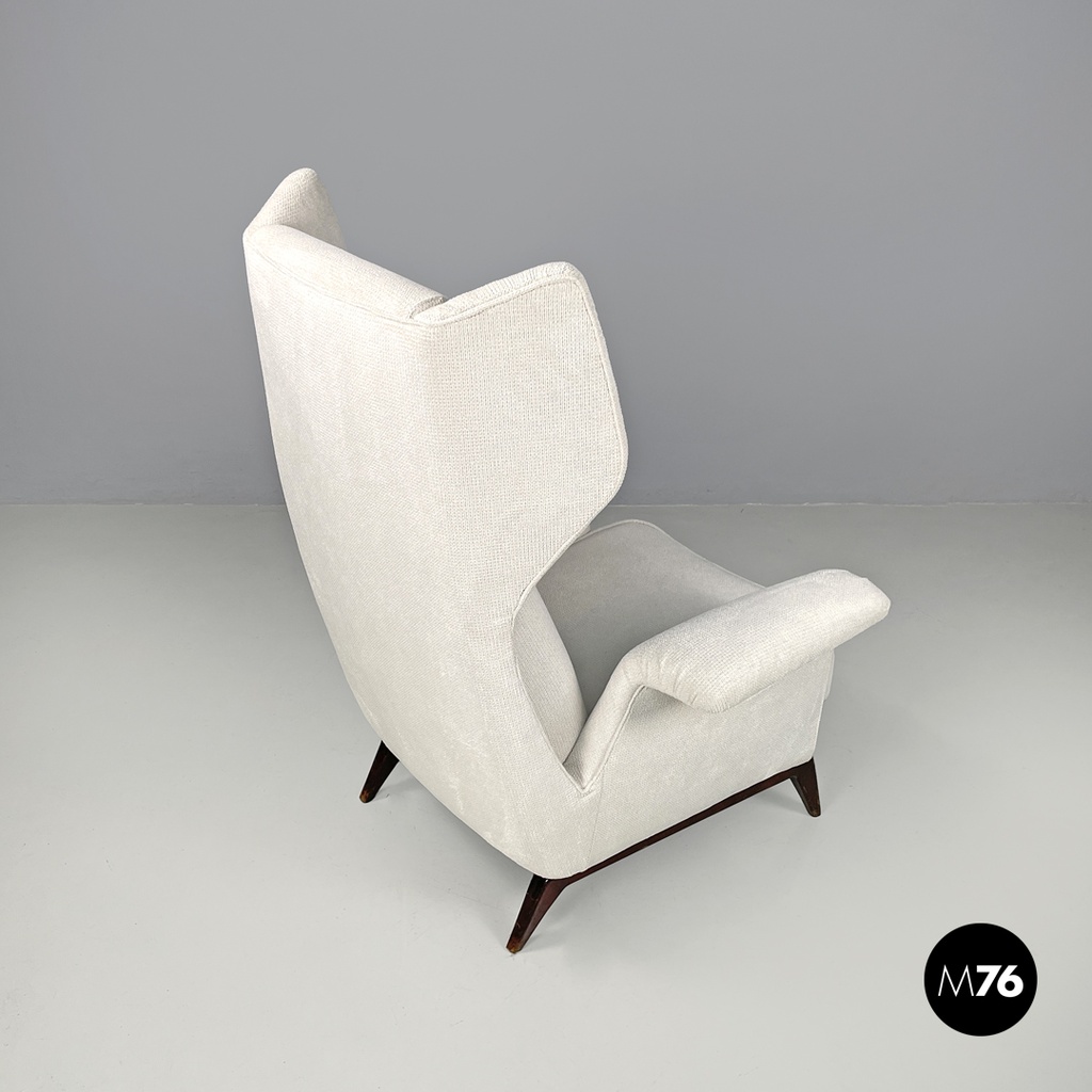 Italian mid-century modern white fabric and wood armchair with headrests, 1950s