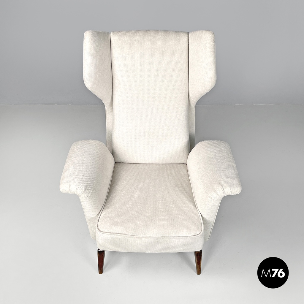 Italian mid-century modern white fabric and wood armchair with headrests, 1950s