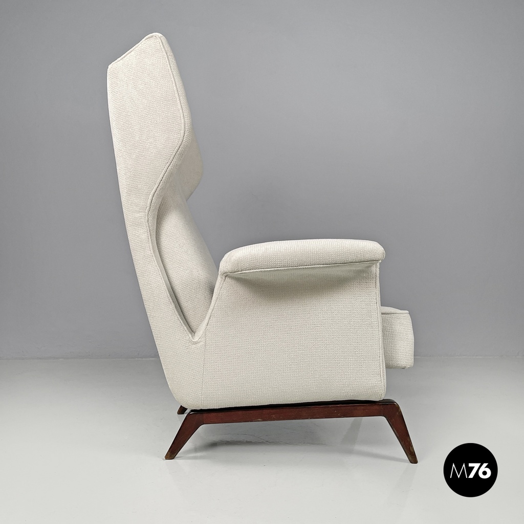 Italian mid-century modern white fabric and wood armchair with headrests, 1950s
