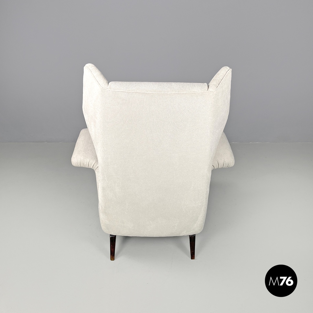Italian mid-century modern white fabric and wood armchair with headrests, 1950s