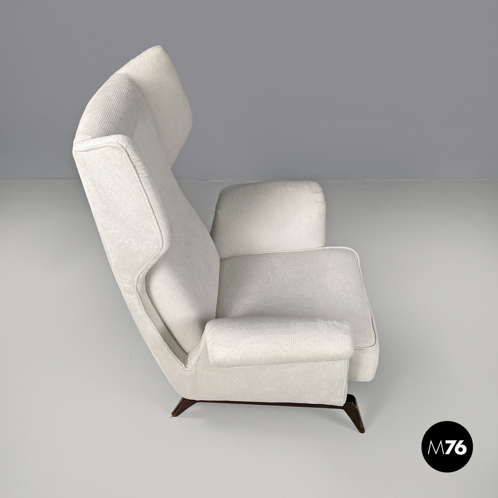 Italian mid-century modern white fabric and wood armchair with headrests, 1950s
