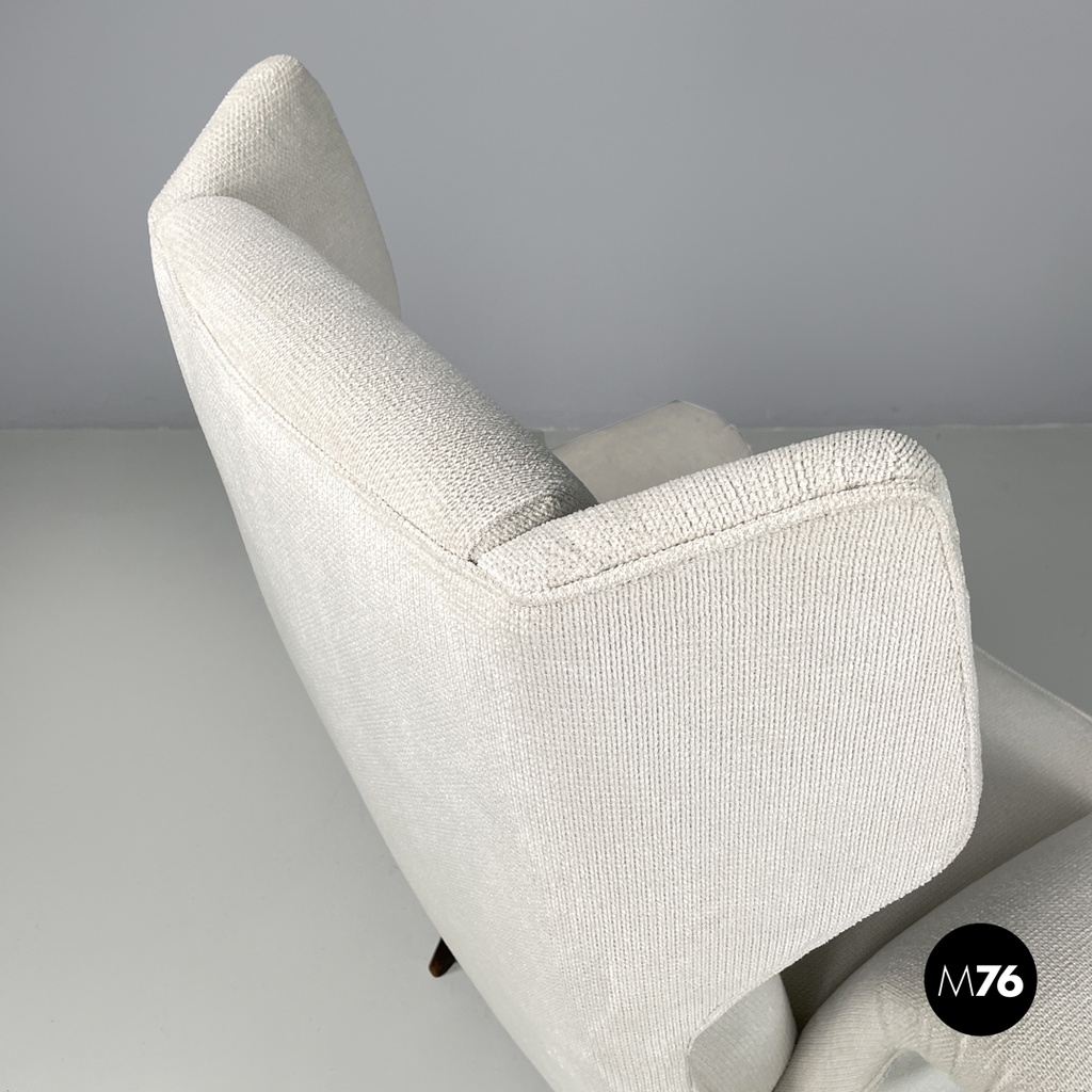 Italian mid-century modern white fabric and wood armchair with headrests, 1950s
