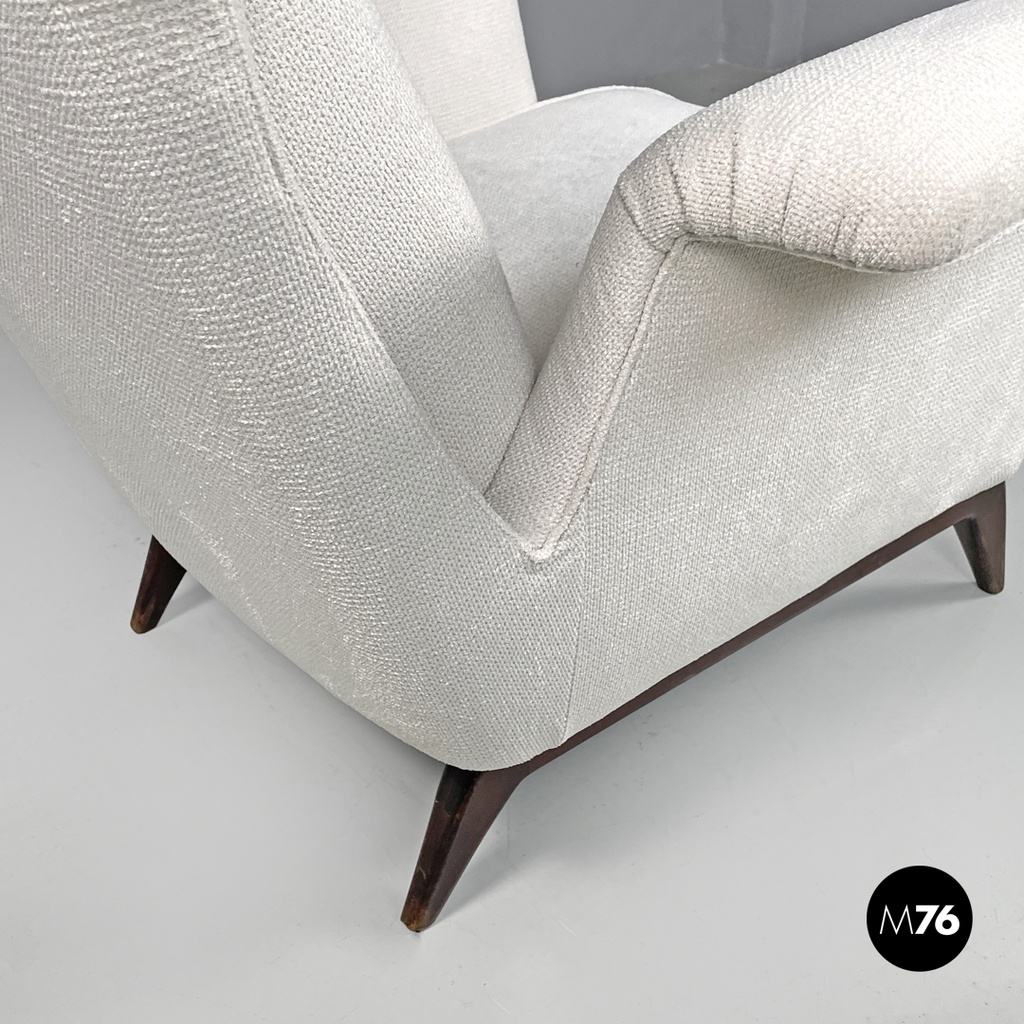 Italian mid-century modern white fabric and wood armchair with headrests, 1950s