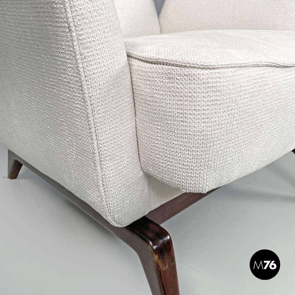 Italian mid-century modern white fabric and wood armchair with headrests, 1950s