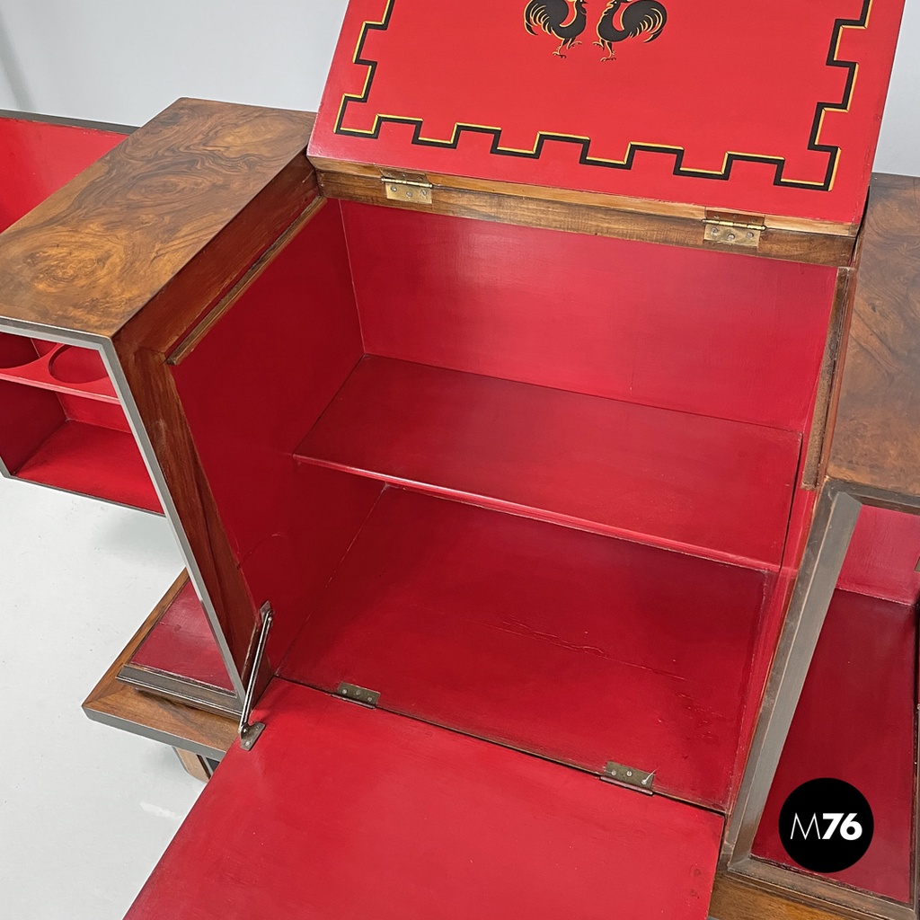 Italian Art Deco wooden bar cabinet red interior and inlay decorations, 1930s