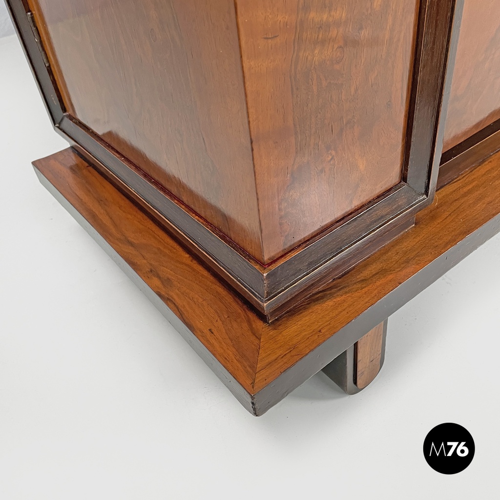 Italian Art Deco wooden bar cabinet red interior and inlay decorations, 1930s