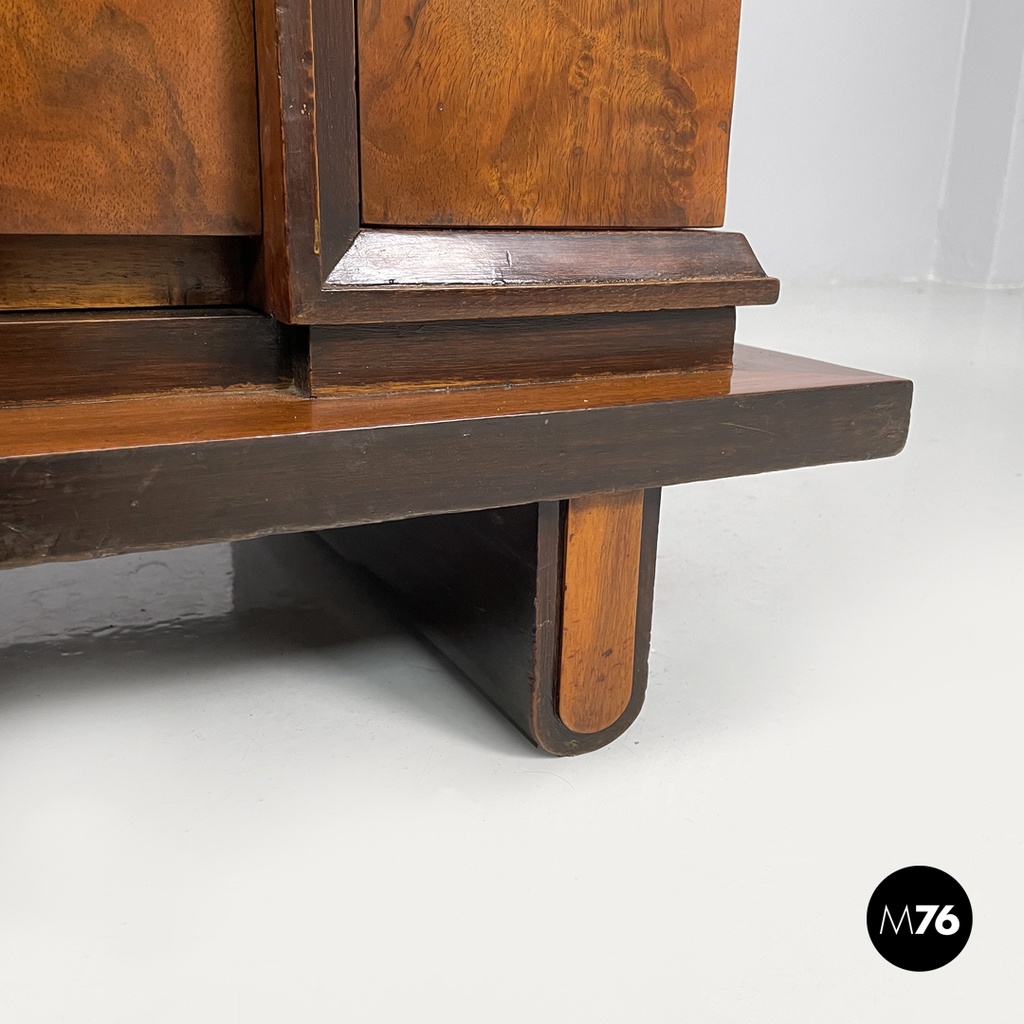 Italian Art Deco wooden bar cabinet red interior and inlay decorations, 1930s