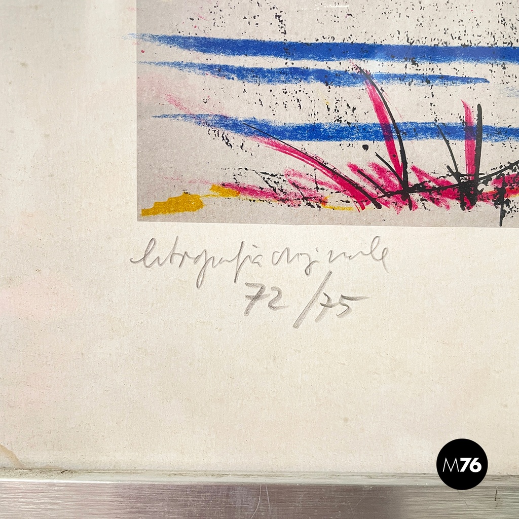 Italian modern lithographic print of winter landscape in metal frame, 1970s